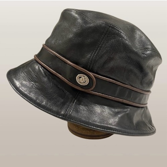 Coach Black with Brown Trim Leather Turnlock Bucket Hat Size M/L - Picture 1 of 4